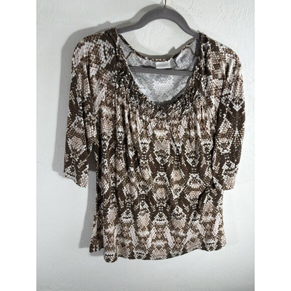 CHICOS Brown Reptile Snakeskin Animal Print Embellish Stretch shirt Sz 2 Large - Picture 1 of 10